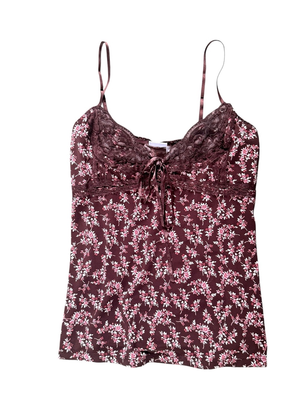 Brown Floral Lace-Trim Cami y2k Dainty Fairycore